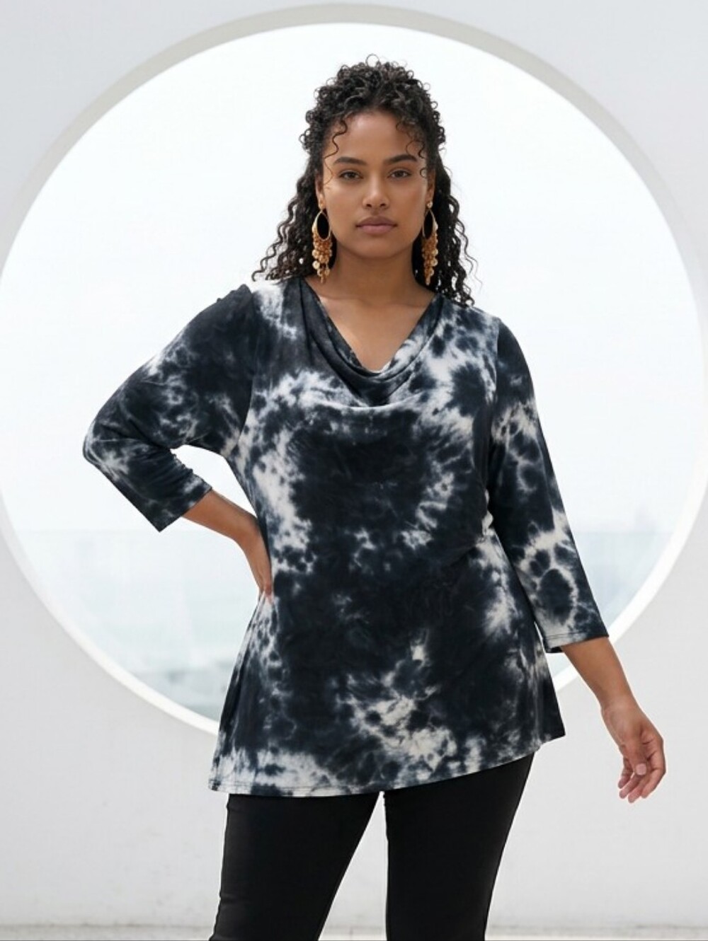 Lane Bryant 18/20 Tie Dye Tunic Top Black White Cowl Neck Rayon Plus Size Tee